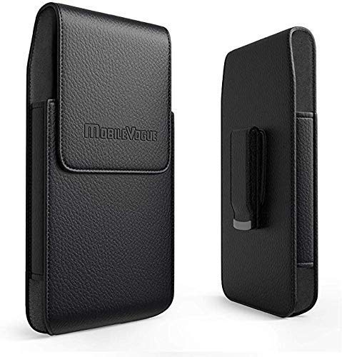 Mobile Vogue by Reiko Premium Eco-Friendly Leather Phone Pouch Belt Clip Holster Compatible with iPhone/Galaxy/Stylo/Android Phone with Protective Case on (Black-MV385, 6.1 x 3.2 x 0.7 in)
