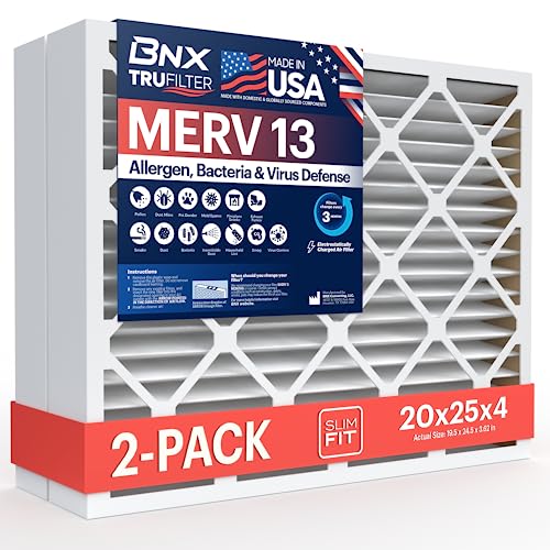 BNX TruFilter 20x25x4 (19.5’’ x 24.5’’ x 3.63‘’ Slim Fit) MERV 13 Air Filter (2-Pack) - MADE IN USA - Air Conditioner HVAC AC Furnace Filters Health, Allergies, Mold, Bacteria, Smoke, MPR 1900 FPR 10