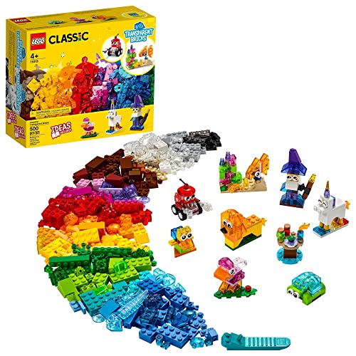 LEGO Classic Creative Transparent Bricks Building Set 11013 for Girls and Boys, STEM Toy and Preschool Hands-On Learning Toy, Includes Wizard, Unicorn, Lion, Bird, and Turtle