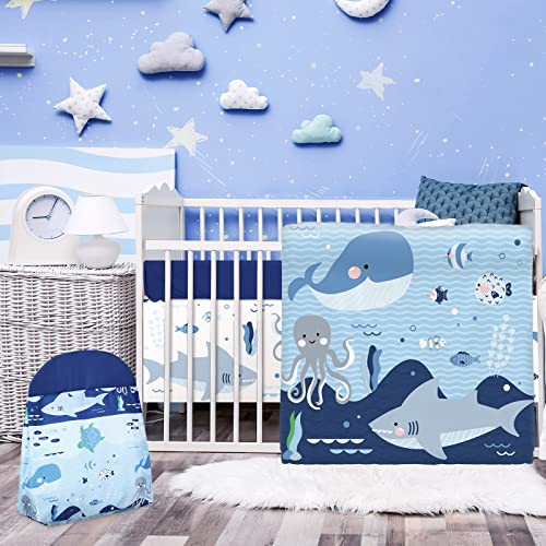 Rtteri 4 Pieces Baby Crib Bedding Set, Nursery Bedding Standard Size Soft Baby Bedding Set Including Crib Skirt, Blanket, Crib Sheet and Diaper Stacker for Baby Girls and Boys (Whale)