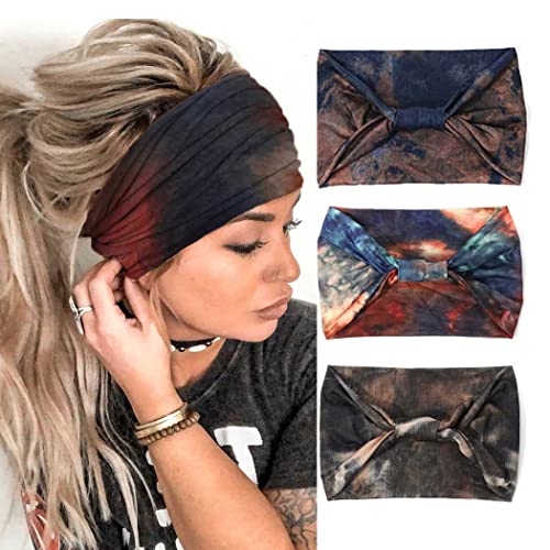 GORTIN 3 Pack Boho Wide Headbands African Turban Head Bands Leopard Stretch Knotted Head Wraps Floral Elastic Yaga Hair Bands Sweatbands Fashion Hair Accessory for Black Women and Girls