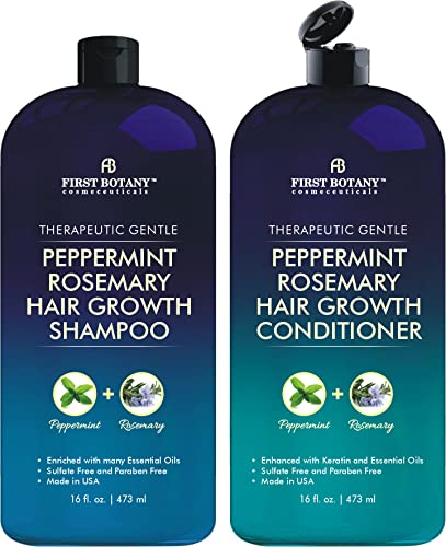 First Botany, Peppermint Rosemary Hair Regrowth and Anti Hair Loss Shampoo and Conditioner Set - Daily Hydrating, Detoxifying, Volumizing Shampoo and Fights Dandruff For Men and Women 16 fl oz x 2