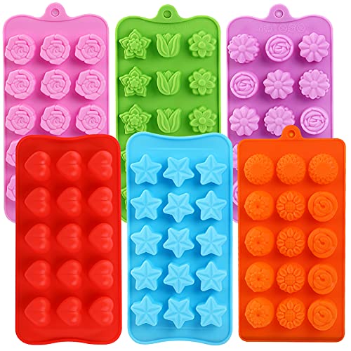 FIRETREESILVERFLOWER Flower Shape Chocolate Candy Molds Set,Heart,The stars,The rose,Flowers in Combination,15 Cavity Silicone Baking Mold Ice Cube Tray-Wedding,Festival,Parties and DIY Crafts-(6Pcs)