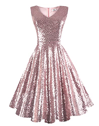 Dressever Women's 50s 60s Vintage Sleeveless Cocktail Party Dress with Pockets Sequins Rose Gold XL