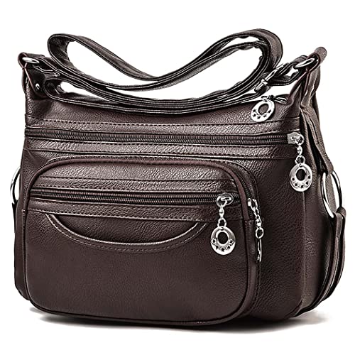 Tianhengyi Leather Crossbody Bag for Women Multi Pockets Shoulder Purse Messenger Bag Ladies Lightweight Pocketbook (Coffee)