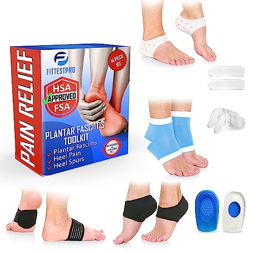 Plantar Fasciitis Foot Pain Relief 14-Piece Kit – Premium Planter Fasciitis Support, Gel Heel Spur & Therapy Wraps, Compression Socks, Foot Sleeves, Arch Supports, Heel Cushion Inserts & Grips