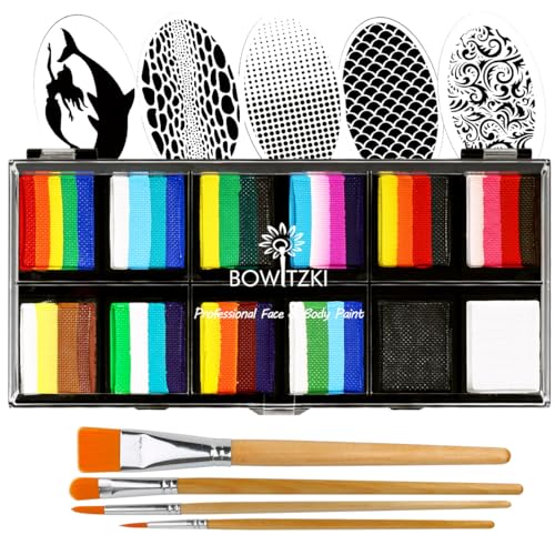 Bowitzki Face Paint Kit Professional Split Cake Face Painting Set For Kids Adults 12x10 gm with Stencil One Stroke Non Toxic Rainbow Flora Dolphin Unicorn Flame Body Paint Halloween Christmas Makeup