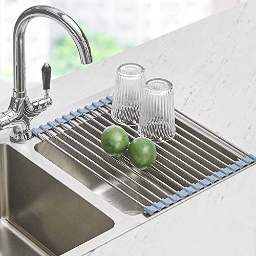 Seropy Roll Up Dish Drying Rack, Over The Sink Dish Drying Rack Kitchen Rolling Dish Drainer, Foldable Sink Rack Mat Stainless Steel Wire Dish Drying Rack for Kitchen Sink Counter Storage 17.5x11.8