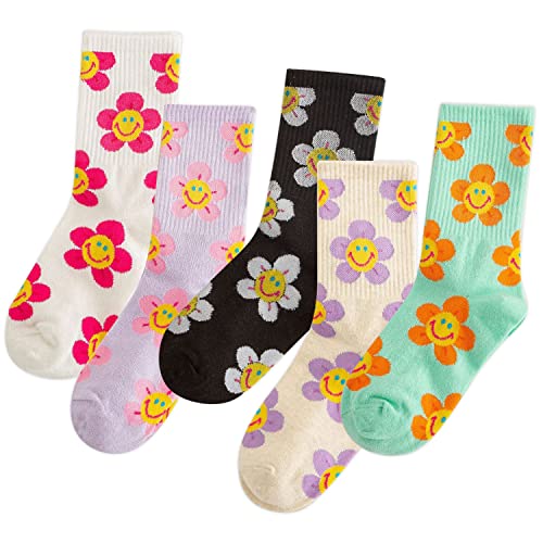 IIG 3-6 Pairs Womens Cute Animal Patterned Funny Novelty Cotton Crew Socks (Flower 2-5 pairs)