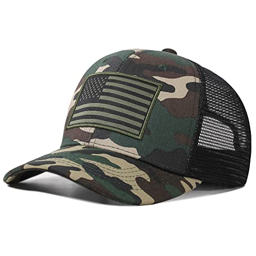SIBOSHA American Flag Trucker Hat - Baseball Cap for Men & Women, Breathable Mesh, Adjustable Snapback Closure Camo/Black