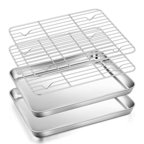 10.4 Inch Baking Pan Tray with Cooling Rack Set, Joyfair Stainless Steel Toaster Oven Pan & Racks for Baking Cookie/Roasting Bacon/Grilling Meat, Thicker Steel & Heavy Duty (2 Pans & 2 Racks)