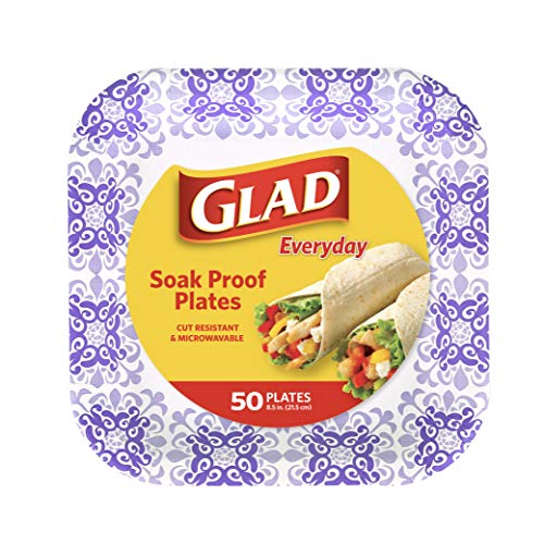 Glad Square Disposable Paper Plates for All Occasions | Soak Proof, Cut Proof, Microwaveable Heavy Duty Disposable Plates | 8.5' Diameter, 50 Count Bulk Paper Plates,Purple