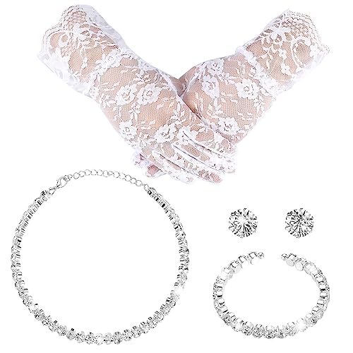 Newcotte 4 Pcs Pearl Necklace Sets for Girls Little Girls Tea Party Jewelry Pearl Bracelet Earrings and Communion Glove (Short Lace)