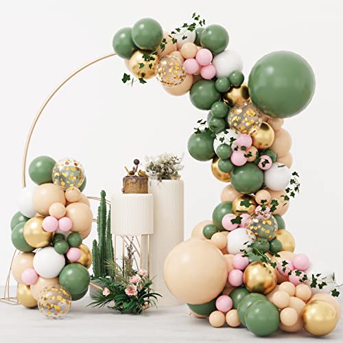 RUBFAC 150pcs Sage Green Pink Balloon Garland Arch Kit, Olive Green Blush Peach Gold Balloons with Artificial Ivy for Baby Shower Birthday Garden Theme Party Decorations