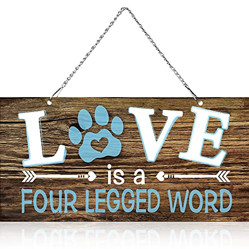 Love is a Four Legged Word Pet Paw Metal Hanging Vintage Decorative Signs Plaque Wall Decorative Sign for Dog Lover (12 x 6 Inch)