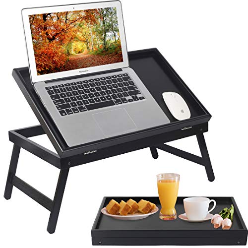 Artmeer Bed Tray Table Breakfast Food Tray with Folding Legs Kitchen Serving Tray for Lap Desks Notebook Computer Bed Platters TV Snack Tray, Adjustable (Black)