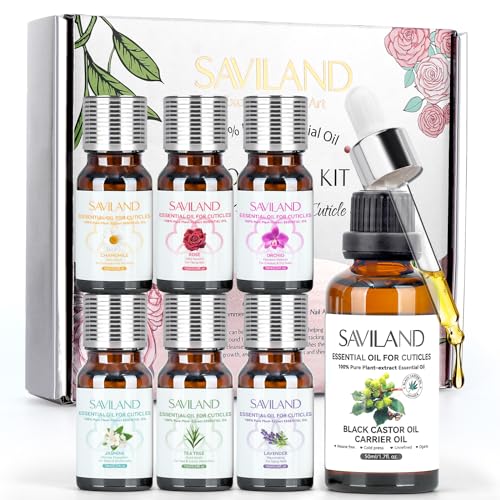 SAVILAND Organic Essential Oils for Cuticle Nails: 100% Pure Essential Oil Gift Set With Castor Carrier Oil Tea Tree Lavender Jasmine Chamomile Massage Oil Deep Nourish Repair Nail Care Home