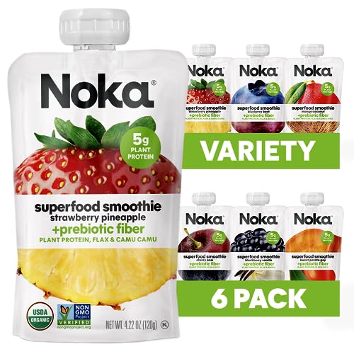Noka Superfood Fruit Smoothie Pouches Variety Pack, Healthy Snacks with Flax Seed, Plant Protein and Prebiotic Fiber, Vegan and Gluten Free Snacks, Organic Squeeze Pouch, 4.22 oz, 6 Count