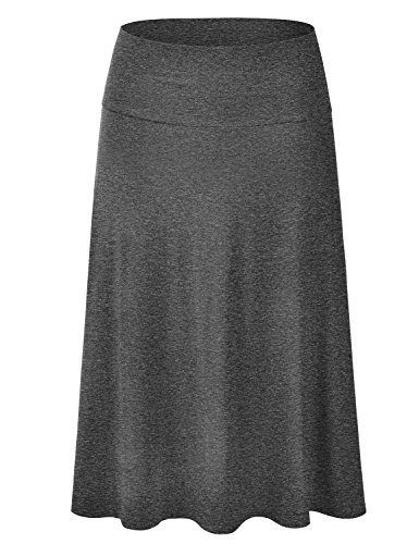 EIMIN Women's Solid Flared Lightweight Elastic Waist Classic Midi Skirt Charcoal L