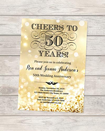 50th Golden Wedding Anniversary Invitation, Gold Sparkle 50th Anniversary Invitation, Gold Bokeh Anniversary Invite, Cheers to 50 Years