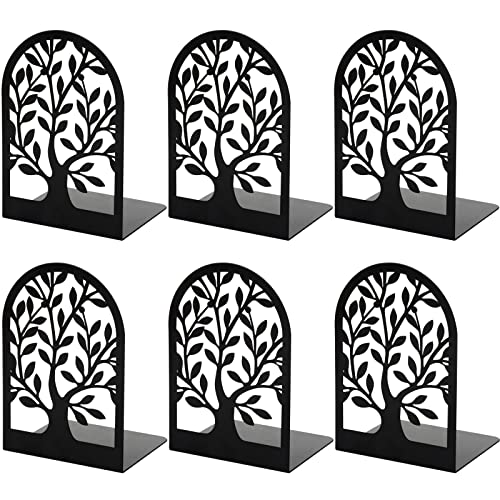 Book Ends, Bookends for Shelves, Tree Book End to Hold Books, Metal Bookend Stopper, Non-Skid Book Holder, Black Book Supports for Office Home Kitchen, Modern Decorative Bookends(3 Pair/6 Pcs)