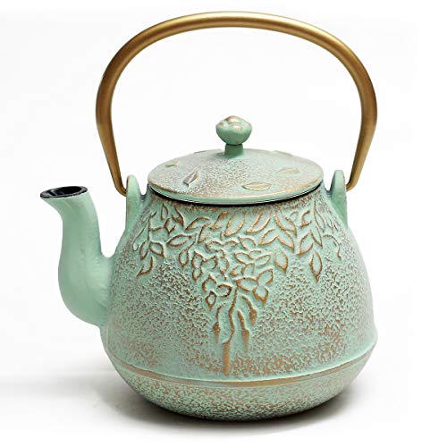 TOPTIER Japanese Teapot with Stainless Steel Infuser, Cast Iron Tea Kettle Stovetop Safe, Leaf Design Coated with Enameled Interior for 32 Ounce (950 ml), Light Green