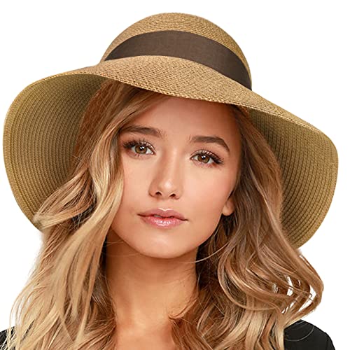 FURTALK Womens Beach Sun Straw Hat UV UPF50 Travel Foldable Brim Summer UV Hat