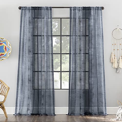 Archaeo Shibori Stripe Raw Texture Linen Blend Rod Pocket Curtain, 50' x 96', Indigo Blue