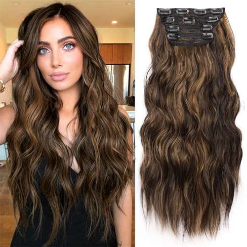 KooKaStyle Clip in Long Wavy Synthetic Hair Extension 20 Inch 4PCS Balayage Dark Brown to Chestnut Hairpieces Fiber Thick Double Weft Hair Extension for Women