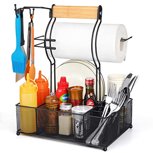 FANGSUN Grill Caddy, BBQ Caddy with Paper Towel Holder, Picnic Condiment Utensil Caddy for Outdoor Camping, Barbecue Accessories Storage Organizer for Griddle Grilling Tool, Rv Patio Camper Must