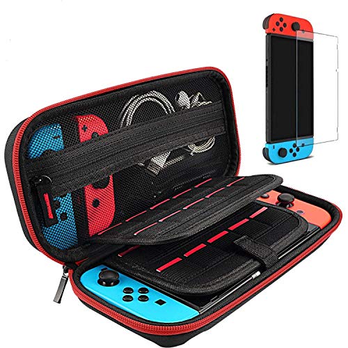Daydayup Switch Case and Tempered Glass Screen Protector Compatible with Nintendo Switch - Deluxe Hard Shell Travel Carrying Case, Pouch Case for Nintendo Switch Console & Accessories, Streak Red
