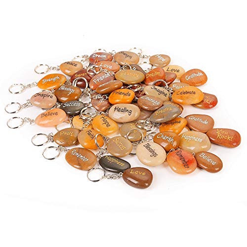 ROCKIMPACT 50PCS Inspirational Stones Key Chains, Engraved Natural River Rock Key Rings Keychains, Healing Stone Keychain Bulk Lot, Different Words Assorted Sayings (50 Pieces)
