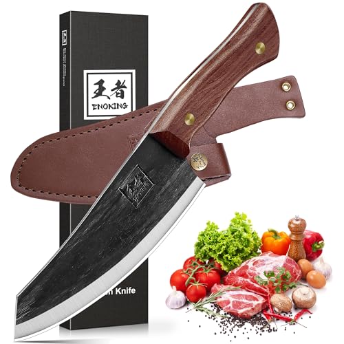 ENOKING Nakiri Knife, 6.6 Inch Meat Cleaver Vegetable Kitchen Knife Hand Forged Japanese Chef Knife High Carbon Steel Chopping Knife with Leather Sheath Multipurpose Asian Knife for Home & Outdoor