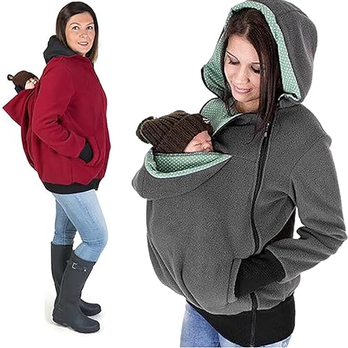 UOFOCO 3 in 1 Multifunction Womens Maternity Kangaroo Outwear Hooded Sweatshirt for Baby and Mother Warm and Windproof Gray