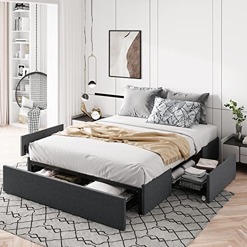 Allewie Queen Size Platform Bed Frame with 3 Storage Drawers, Fabric Upholstered, Wooden Slats Support, No Box Spring Needed, Noise Free, Easy Assembly, Dark Grey