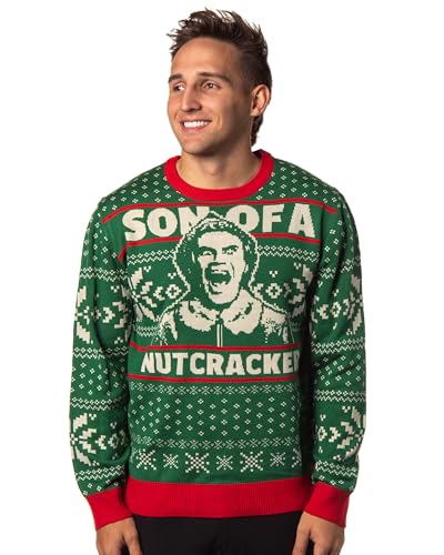 Bioworld ELF The Movie Men's Buddy Son of a Nutcracker Ugly Christmas Adult Holiday Knit Pullover Sweater, X-Large Green