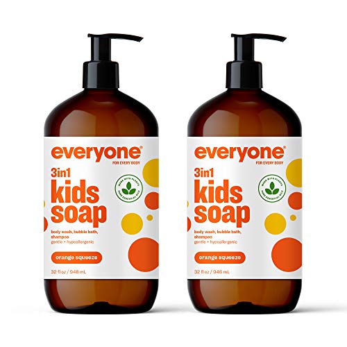 Everyone 3-in-1 Kids Soap, Body Wash, Bubble Bath, Shampoo, 32 Ounce (Pack of 2), Orange Squeeze, Coconut Cleanser with Organic Plant Extracts and Pure Essential Oils (Packaging May Vary)