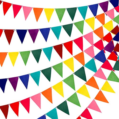RUBFAC 60pcs Rainbow Pennant Banner Flags Colorful Felt Fabric Pennant Banners Reusable Pennants String for Carnival Theme Rainbow Birthday Party Decorations
