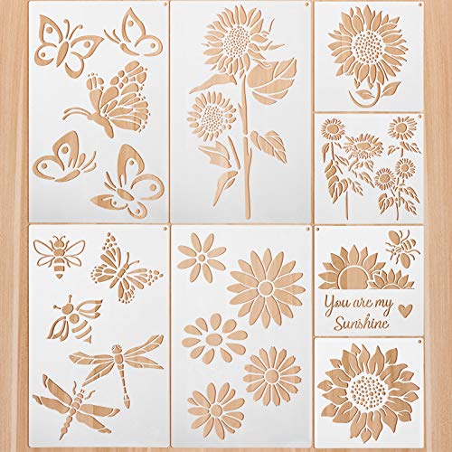 8 Pieces Sunflower Butterflies Painting Stencils for Painting on Wood Flower Butterfly Stencil Kit for Painting on Wall Canvas You are My Sunshine Reusable Plastic Template for Door Home Decoration