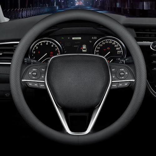 LKWLIKEI Nappa Premium Leather car Steering Wheel Cover, Non-Slip, Breathable, Universal 15 inches, Black.