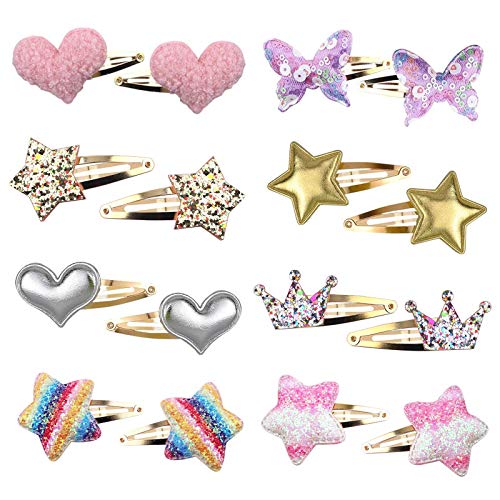 Gingbiss Hair Clips for Girls - 8 Pairs of Star, Crown, Heart, Butterfly Shaped Barrettes and Pins - Metal Snap Accessories for Styling Kids' Hair