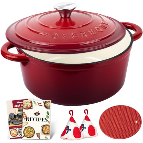 Overmont Enameled Cast Iron Dutch Oven - 5.5QT Pot with Lid Cookbook & Cotton Potholders - Heavy-Duty Cookware for Braising, Stews, Roasting, Bread Baking red
