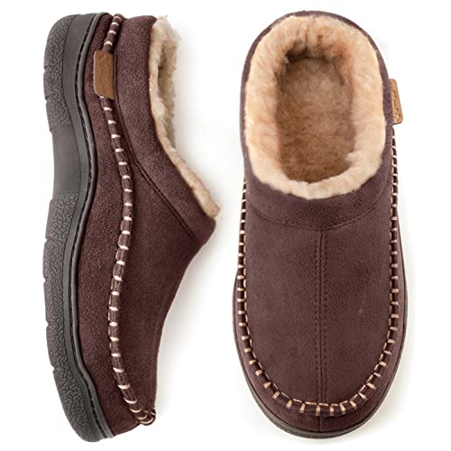 Zigzagger Men's Slip On Moccasin Slippers, Indoor/Outdoor Warm Fuzzy Comfy House Shoes, Fluffy Wide Loafer Slippers,Coffee, 11-12 D(M) US