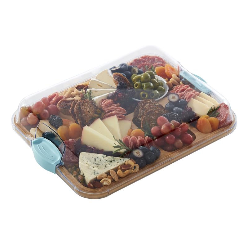 FARBERWARE Build-A-Board Bamboo Cutting Board with Clear Locking Lid and Blue Handles, Perfect for Charcuterie, Snacks, and More - Make it. Take it. Enjoy it, 11x14 Inches, Four Compartments