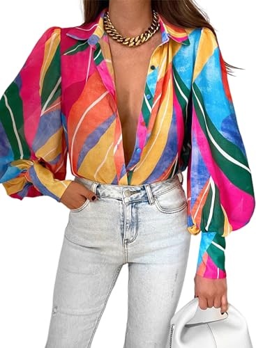 EVALESS Multicolor Long Sleeve Shirt for Women Spring Summer Outfits Clothes Tops for Women Dressy Casual Cute Blouses for Women Fashion 2024 Button Down Shirts Sexy V Neck Boho Tops, X-Large