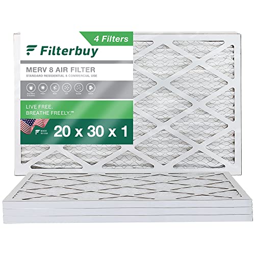 Filterbuy 20x30x1 Air Filter MERV 8 Dust Defense (4-Pack), Pleated HVAC AC Furnace Air Filters Replacement (Actual Size: 19.50 x 29.50 x 0.75 Inches)