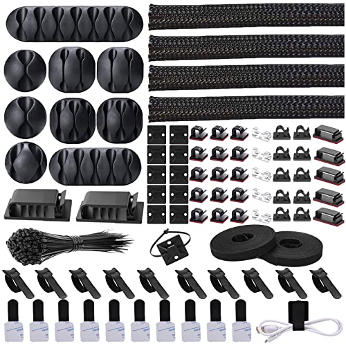N NOROCME Cord Management Organizer Kit 4 Cable Sleeve Split with 41Self Adhesive Clips Holder, 10pcs and 2 Roll Self tie 100 Fastening Ties for TV Office Car Desk Home Black