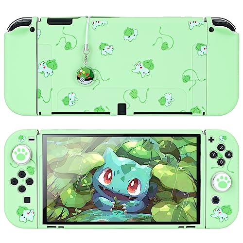 DLseego Dockable Case Design for Switch OLED, Anti-Slip Shock-Absorption Protective Soft Carrying Case and Joy Con Controller with 1 PCS Elf Ball Pendant and 2 PCS Thumb Grip Caps-Green Frog