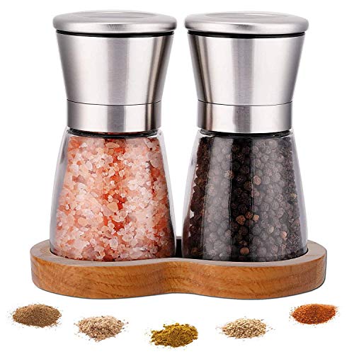 LessMo Salt and Pepper Grinder Set with Wooden Standing Tray, Refillable Pepper Mill Set - Brushed Stainless Steel - Short Glass Shakers with Adjustable Coarseness for Peppercorn, Salt or Spice Mills