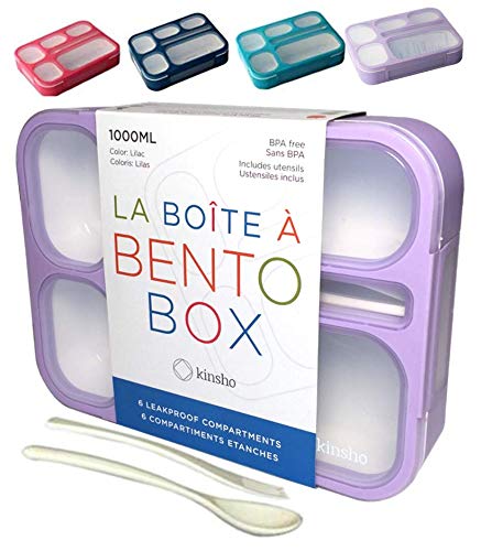 kinsho - Bento Box for Women & Kids - 6 Compartment, Leak-Proof Lunchbox for School, Portion Control & Meal Prep Containers, Reusable, BPA-Free Snack Container - Includes Utensil Set & E-Book (Purple)